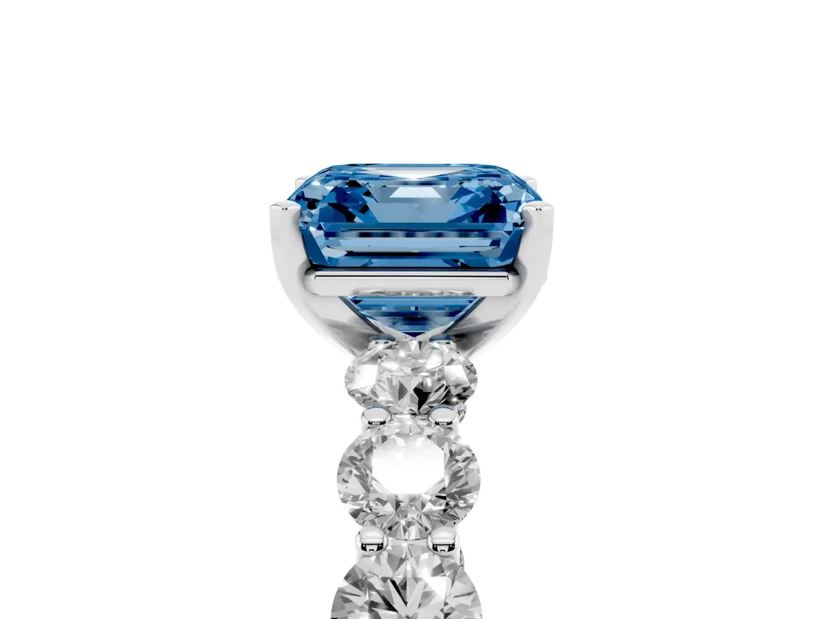 Fancy Blue Asscher Cut Diamond Prong Setting with Side Stones on a Pave Band Silver