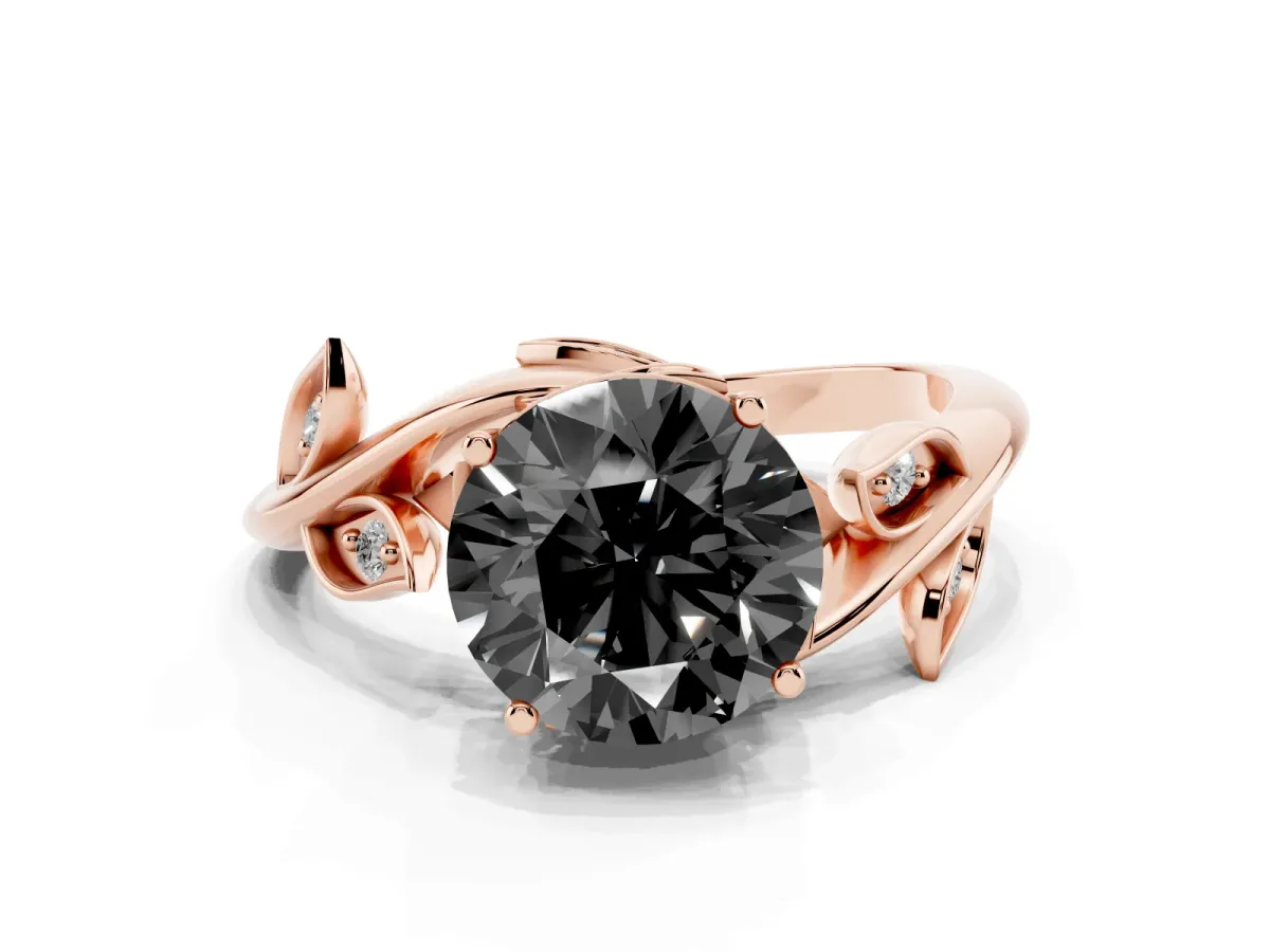 Fancy Black Round Cut Solitaire Twist Engagement Ring with Leaf Accents and Prong Setting Rose gold
