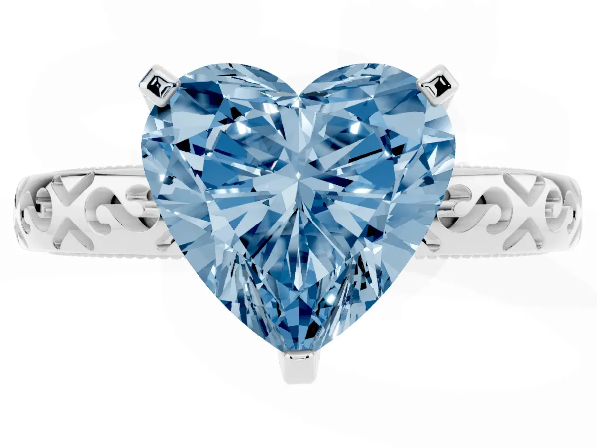 Fancy Blue Heart Cut Solitaire Engagement Ring with Scrollwork Band and Four-Prong Setting White gold