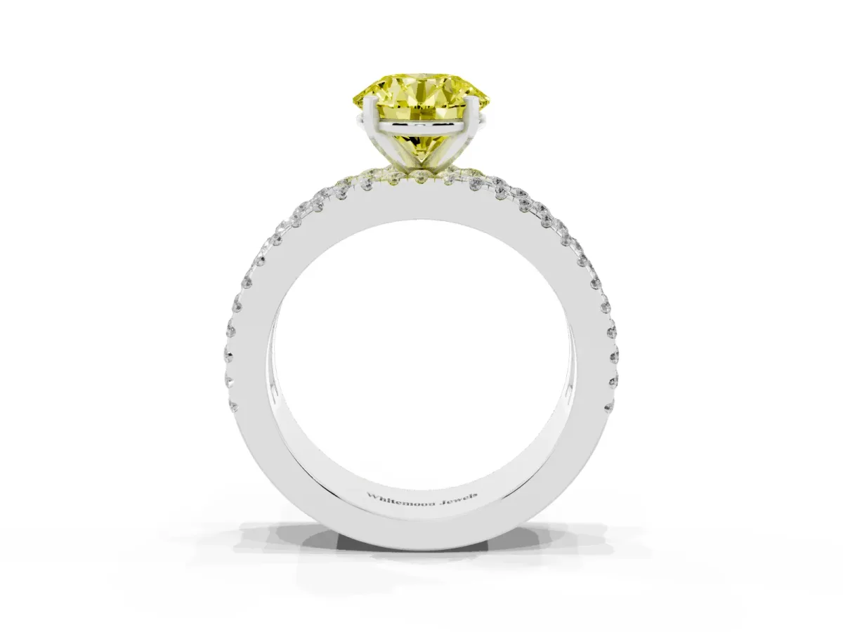 Fancy Yellow Round Cut Diamond Solitaire Ring with Pavé and Channel Set Band Silver