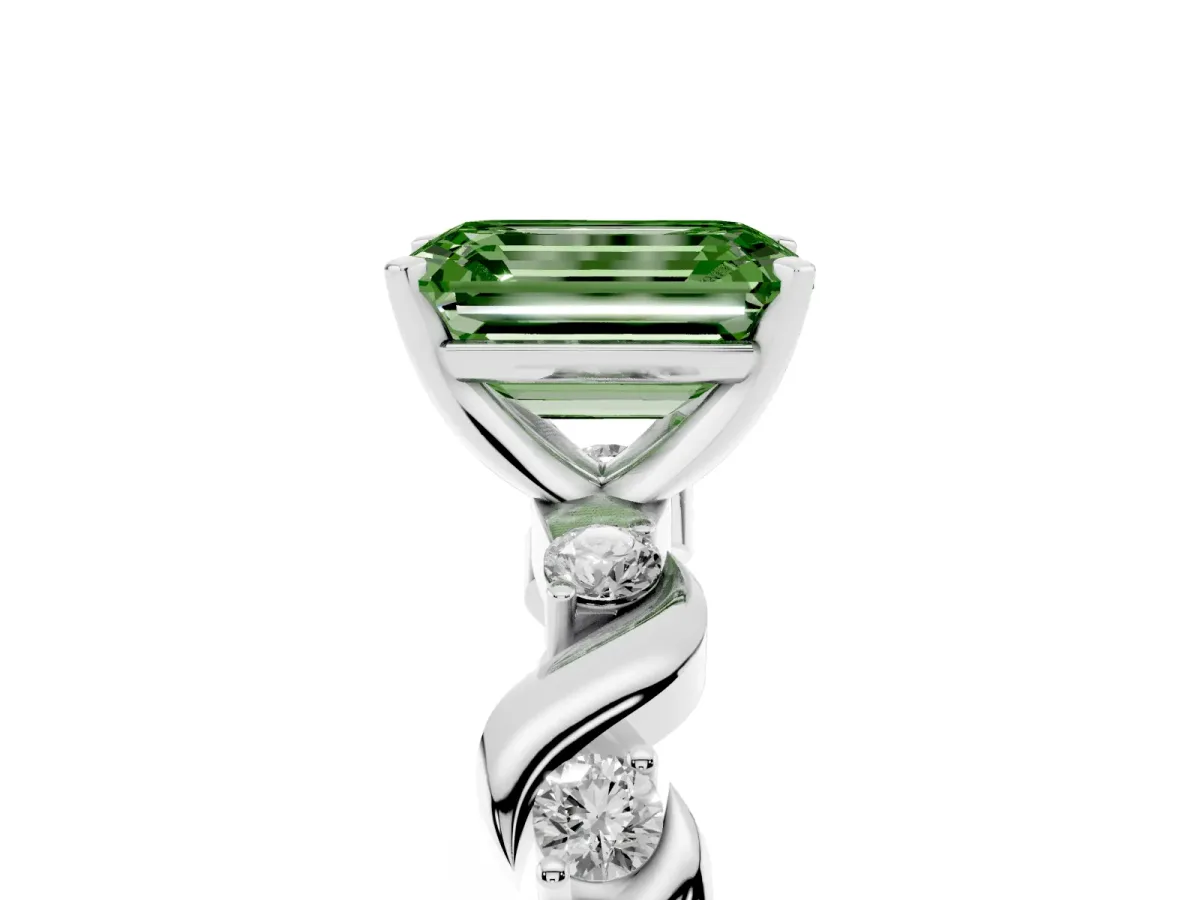 Fancy Green Emerald Cut Diamond Solitaire Twisted Band with Round Accents and Prong Setting White gold