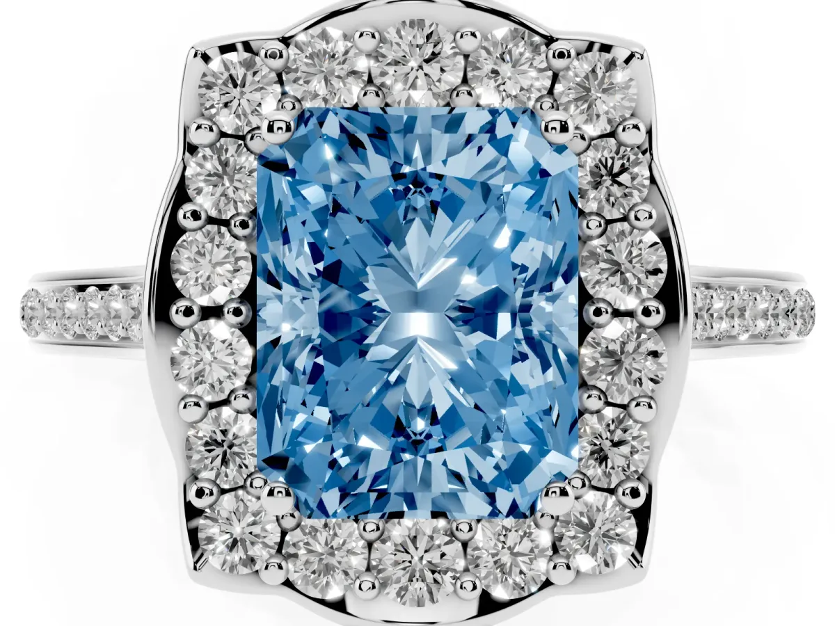 Fancy Blue Radiant Cut Halo Round Diamond Pave Band with Four-Prong Setting White gold