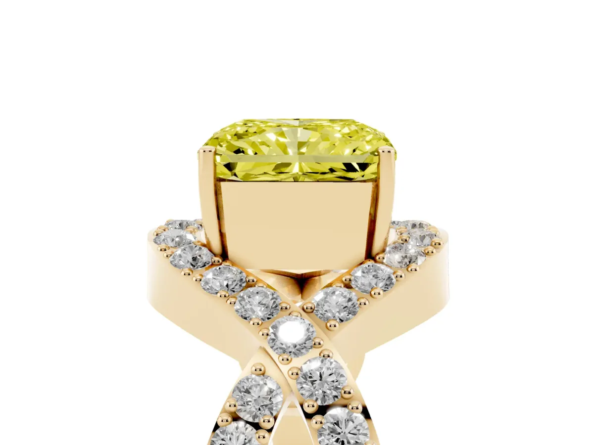 Fancy Yellow Radiant Cut Solitaire Twist Band Pavé Diamond Engagement Ring Yellow gold