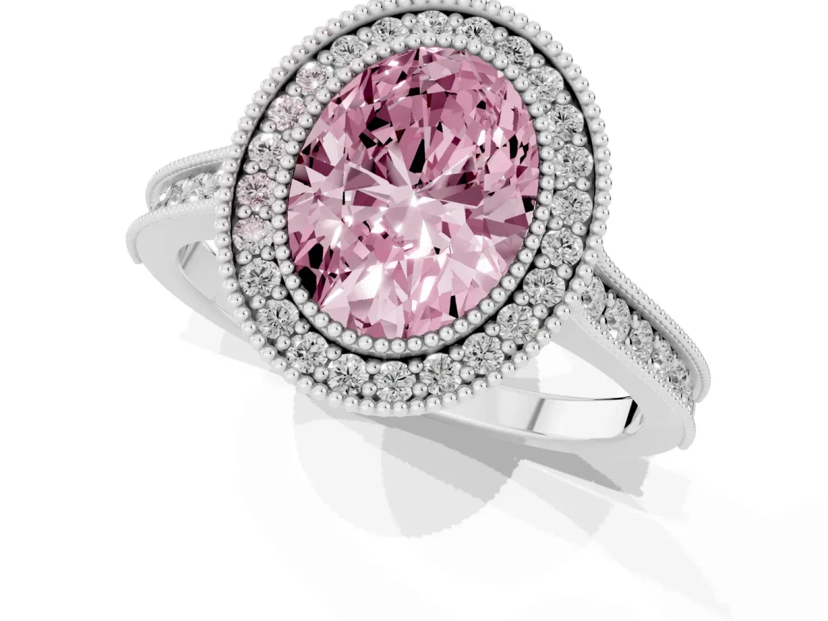 Fancy Pink Halo Oval Cut-Cut Diamond Pave Band Milgrain Prong Setting Ring Silver