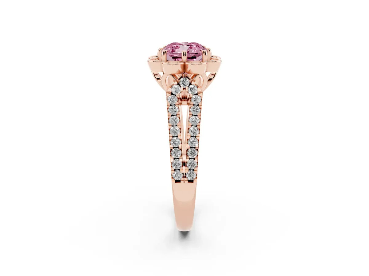Fancy Pink Cushion Cut Halo Diamond Floral Split Shank Engagement Ring Rose gold