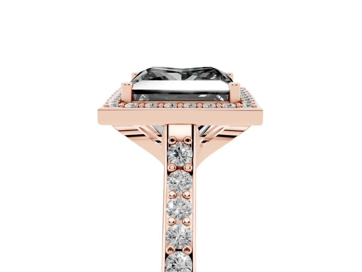 Fancy Black Princess Cut Diamond Halo Engagement Ring with Round Pavé Shoulders and Prong Setting Rose gold