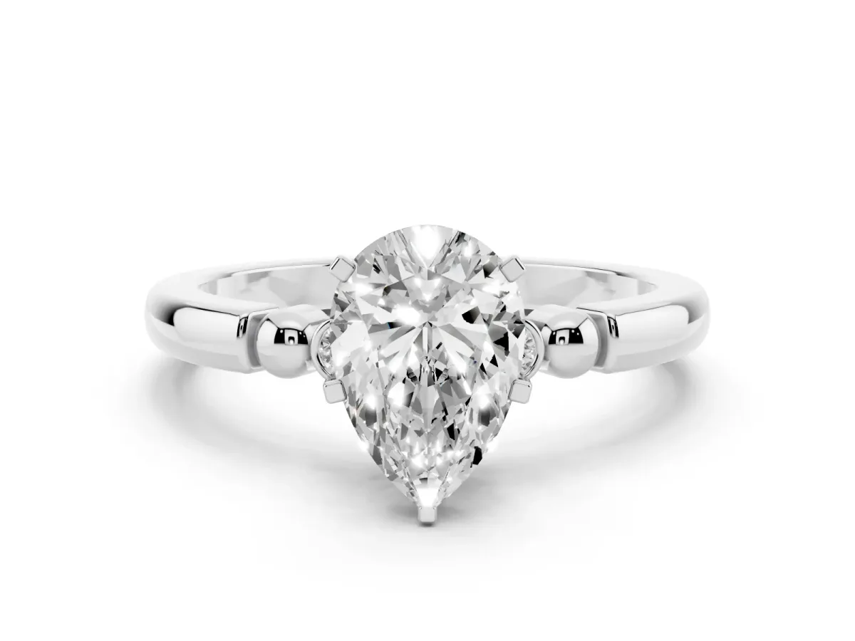 Pear Cut Solitaire Beaded Band with Four-Prong Setting White gold