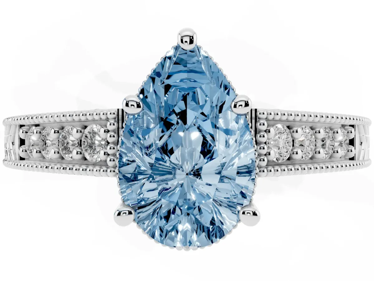 Fancy Blue Pear Cut Solitaire Pavé Diamond Milgrain Engagement Ring with Four-Prong Setting Silver