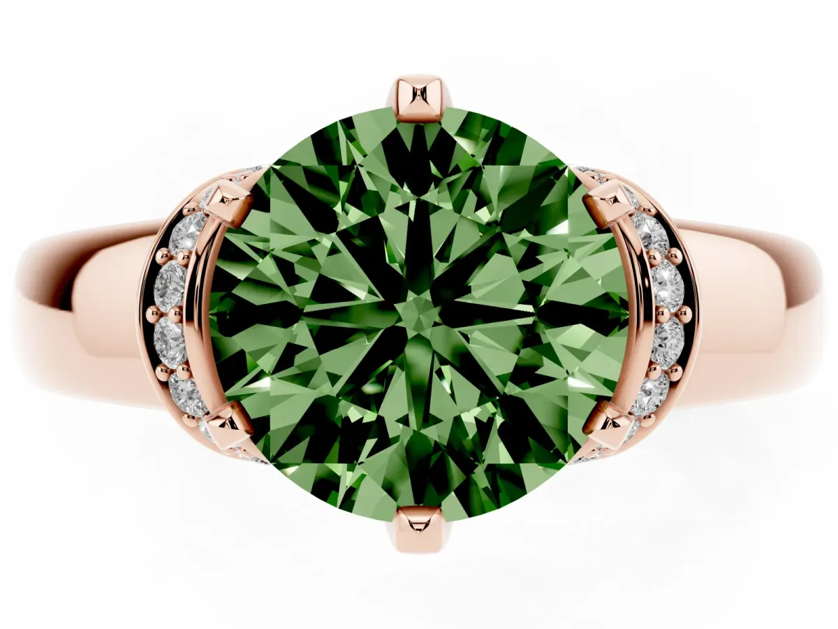 Fancy Green Round Cut Solitaire Diamond Ring with Pave Band and Six-Prong Setting Rose gold