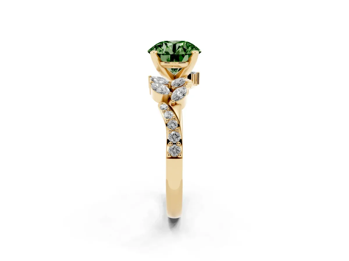 Fancy Green Round Cut Solitaire Marquise Twist Band with Six-Prong Setting Yellow gold