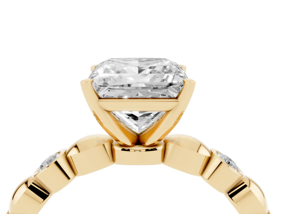 Princess Cut Solitaire Bezel-Set Diamond Ring with Beaded Band and Four-Prong Setting Yellow gold