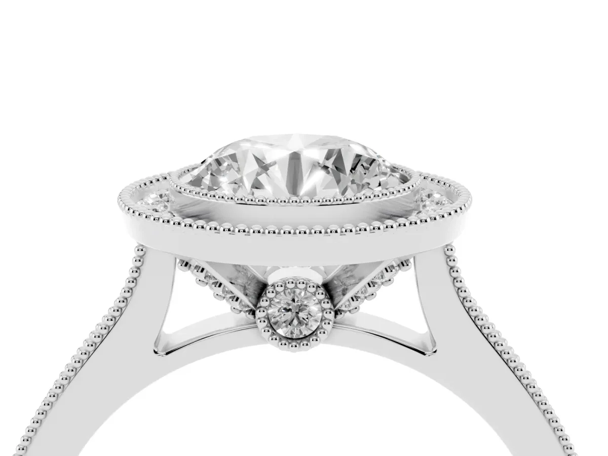 Halo Round Cut-Cut Diamond Pave Band Milgrain Prong Setting Ring Silver