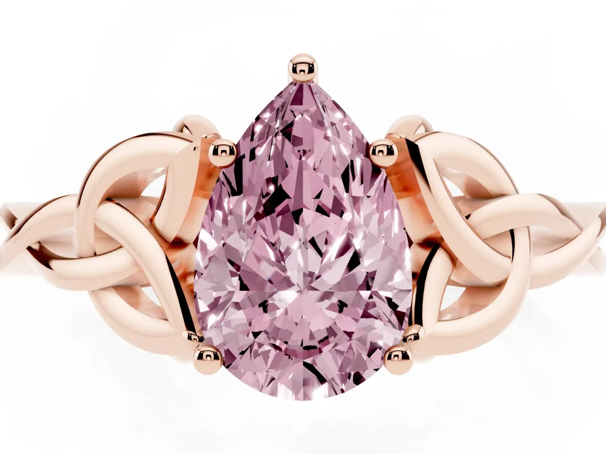 Fancy Pink Pear Cut Diamond Solitaire Engagement Ring with Celtic Knot Band and Four-Prong Setting Rose gold