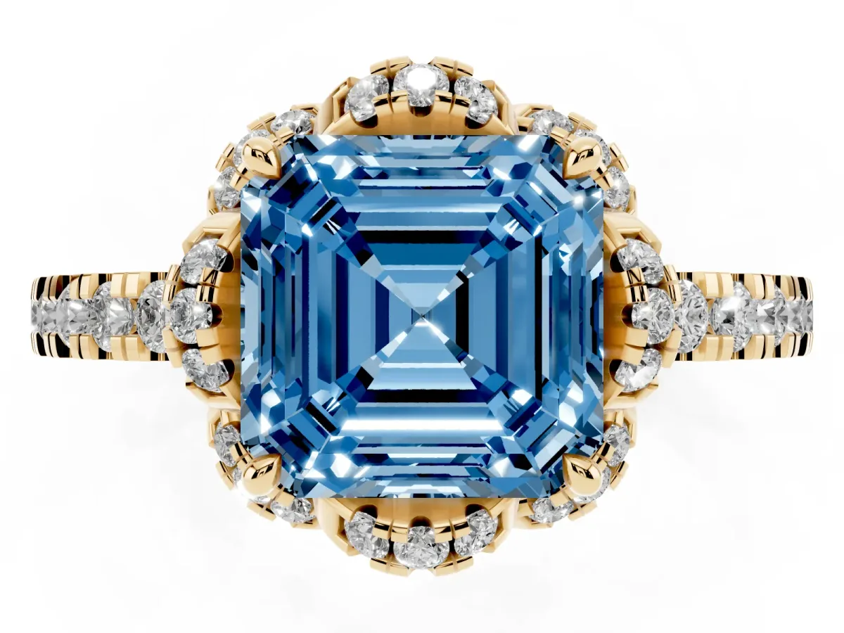 Fancy Blue Asscher Cut Halo Diamond Pave Band Ring with Four-Prong Setting Yellow gold