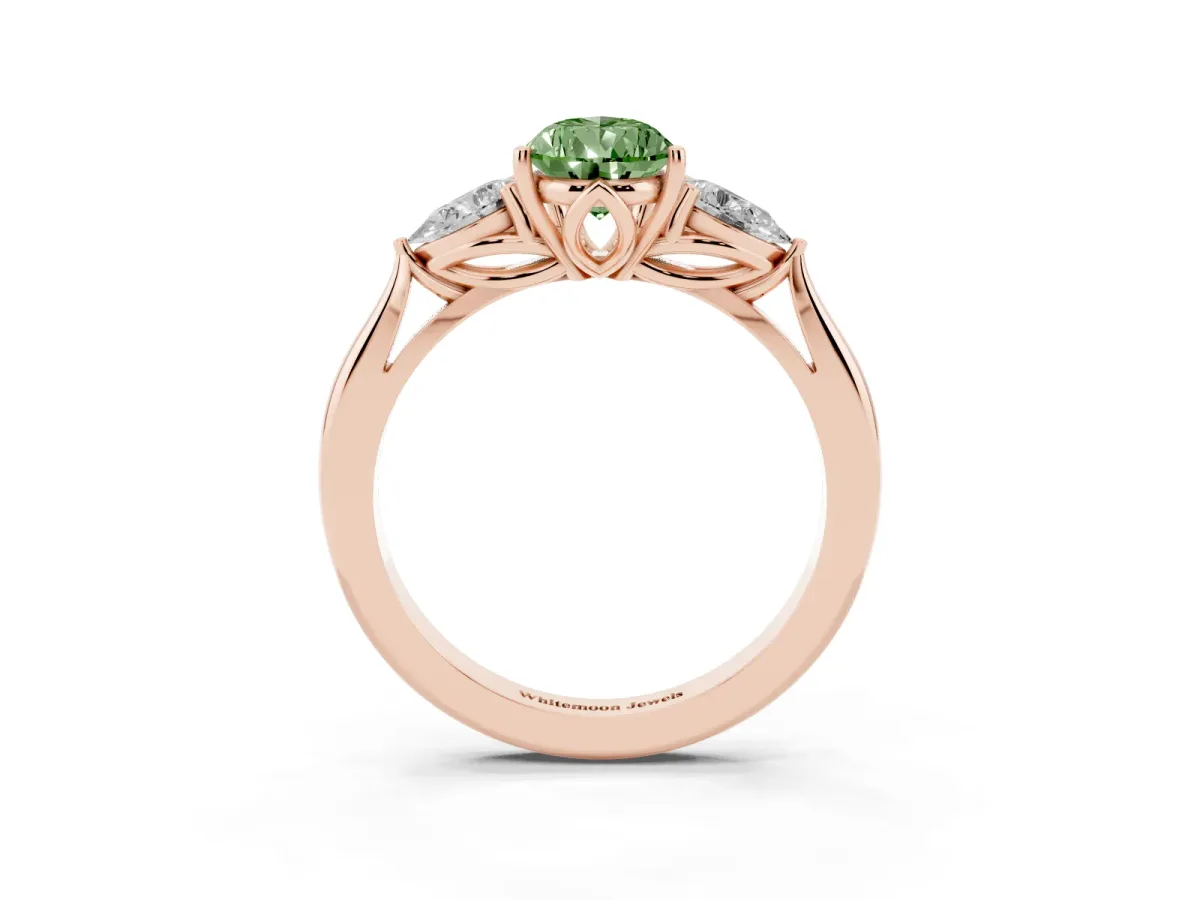 Fancy Green Pear Cut Diamond Three-Stone Ring with Pear Side Stones and Prong Setting Rose gold