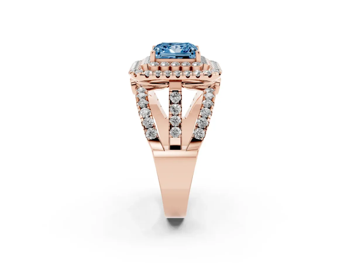 Fancy Blue Princess Cut Diamond Double Halo Ring with Round Pavé Split Shank and Prong Setting Rose gold