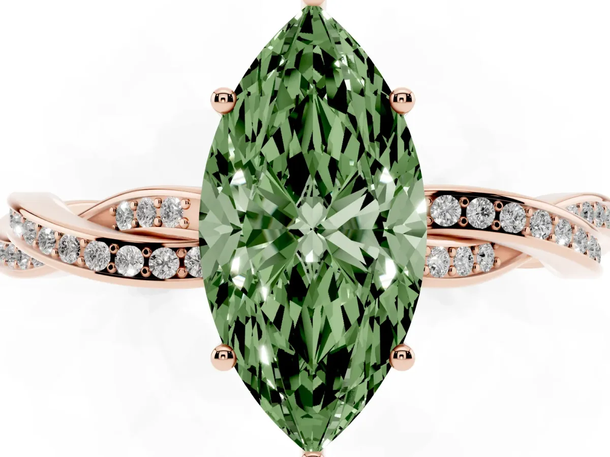 Fancy Green Marquise Cut Solitaire Twisted Pave Diamond Ring with Four-Prong Setting Rose gold