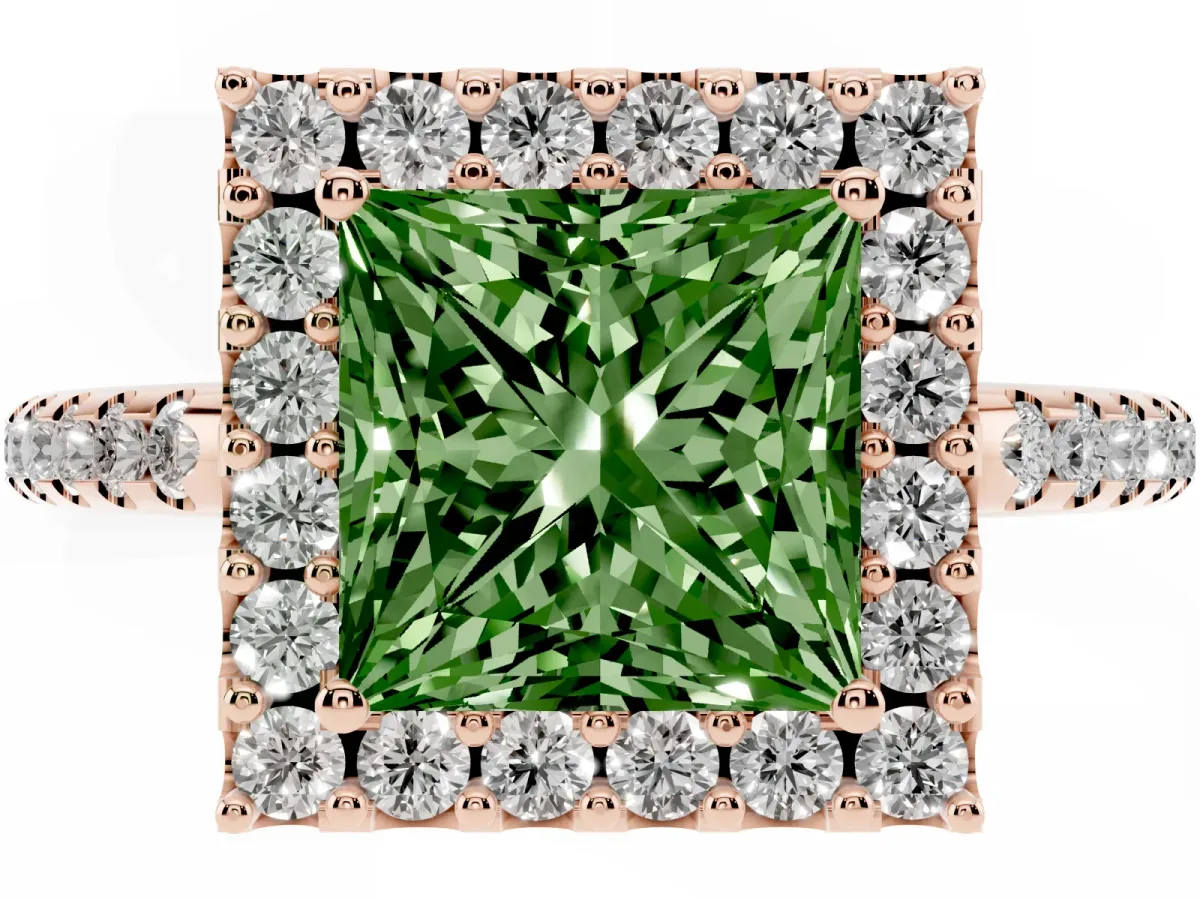 Fancy Green Princess Cut Diamond Pavé Halo Ring with Four-Prong Setting Rose gold