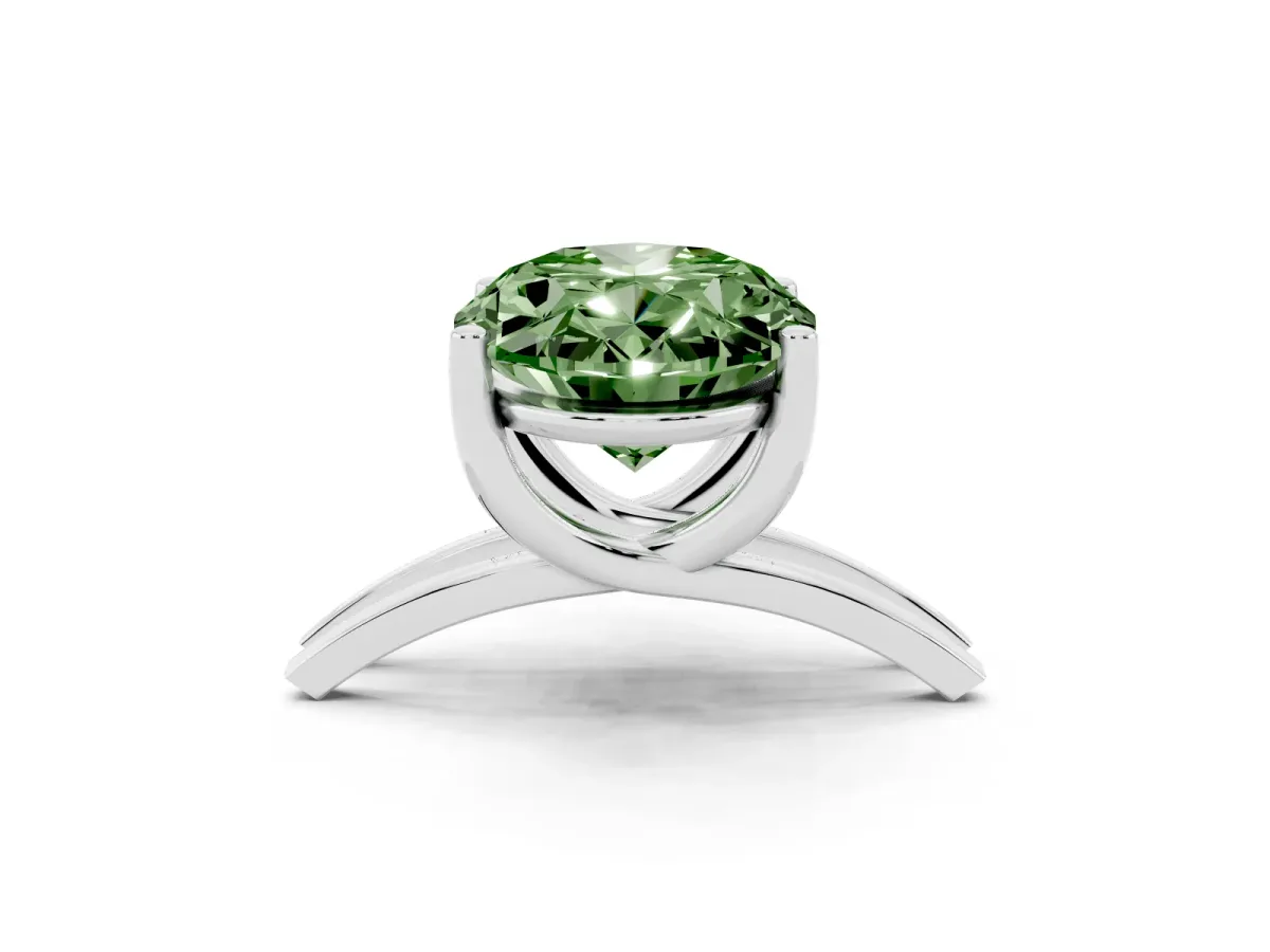 Fancy Green Oval Cut Cut Diamond Solitaire Engagement Ring with Tapered Plain Band and Four-Prong Setting Silver