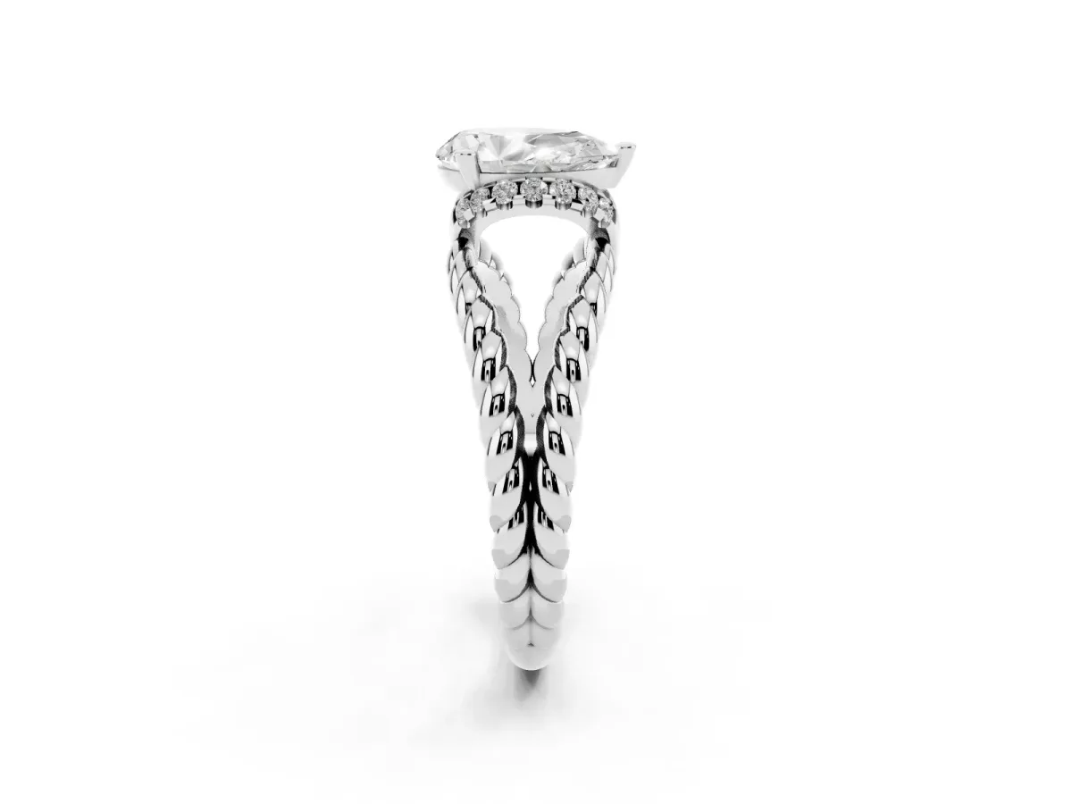 Pear Cut Halo Twisted Band Four-Prong Ring Platinum