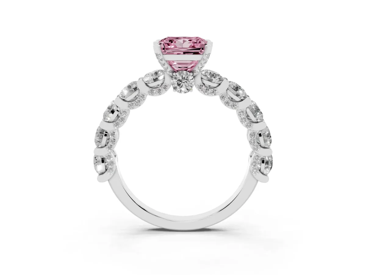 Fancy Pink Princess Cut Diamond Side Stone Engagement Ring with Four-Prong Setting Platinum