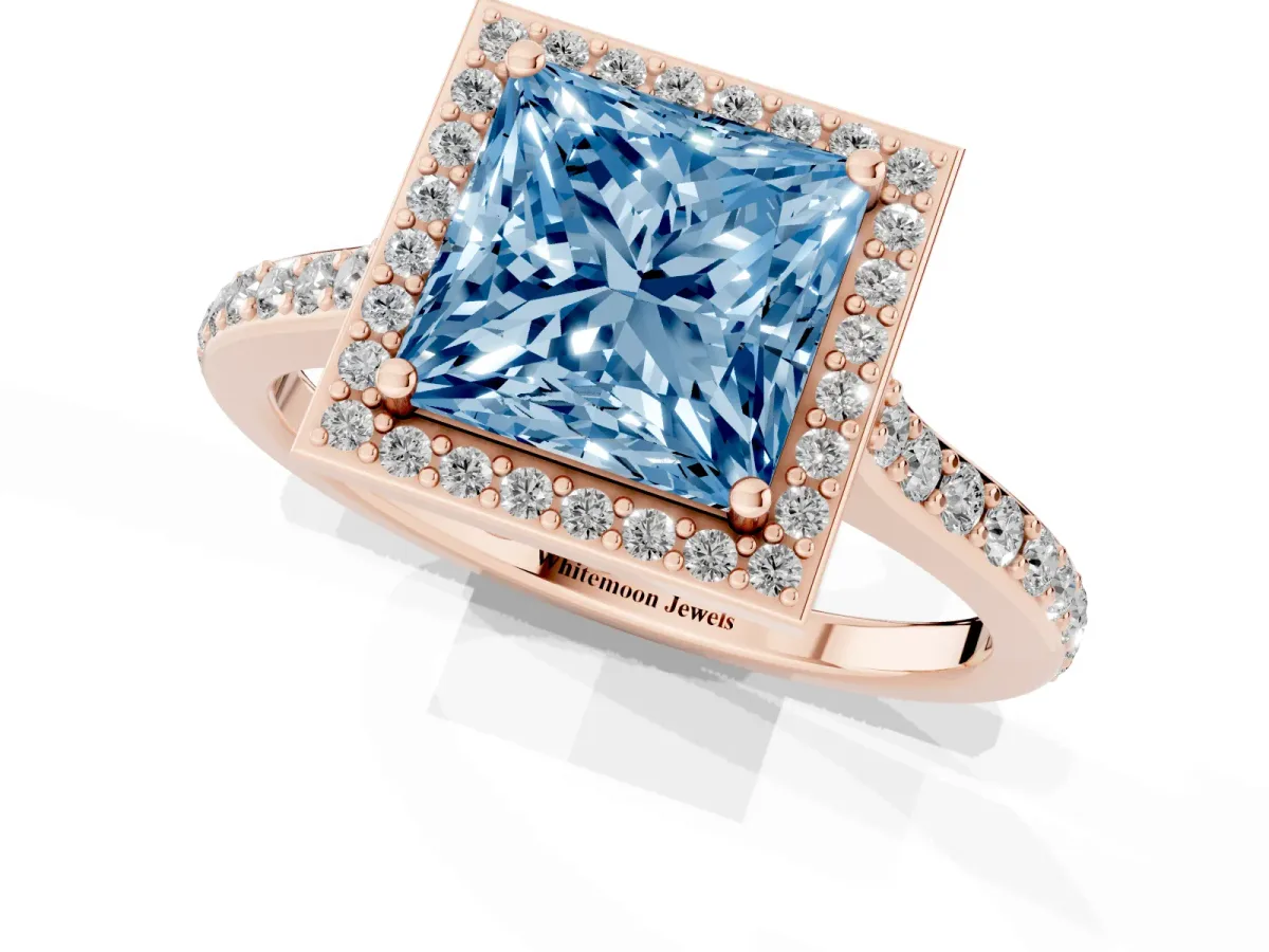 Fancy Blue Princess Cut Diamond Halo Engagement Ring with Round Pavé Shoulders and Prong Setting Rose gold