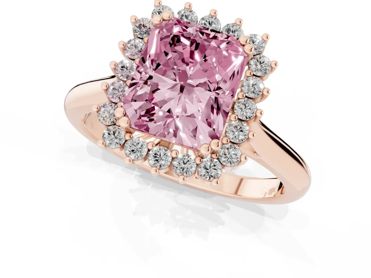 Fancy Pink Radiant Cut Cut Diamond Halo Ring with Solitaire Band and Prong Setting Rose gold