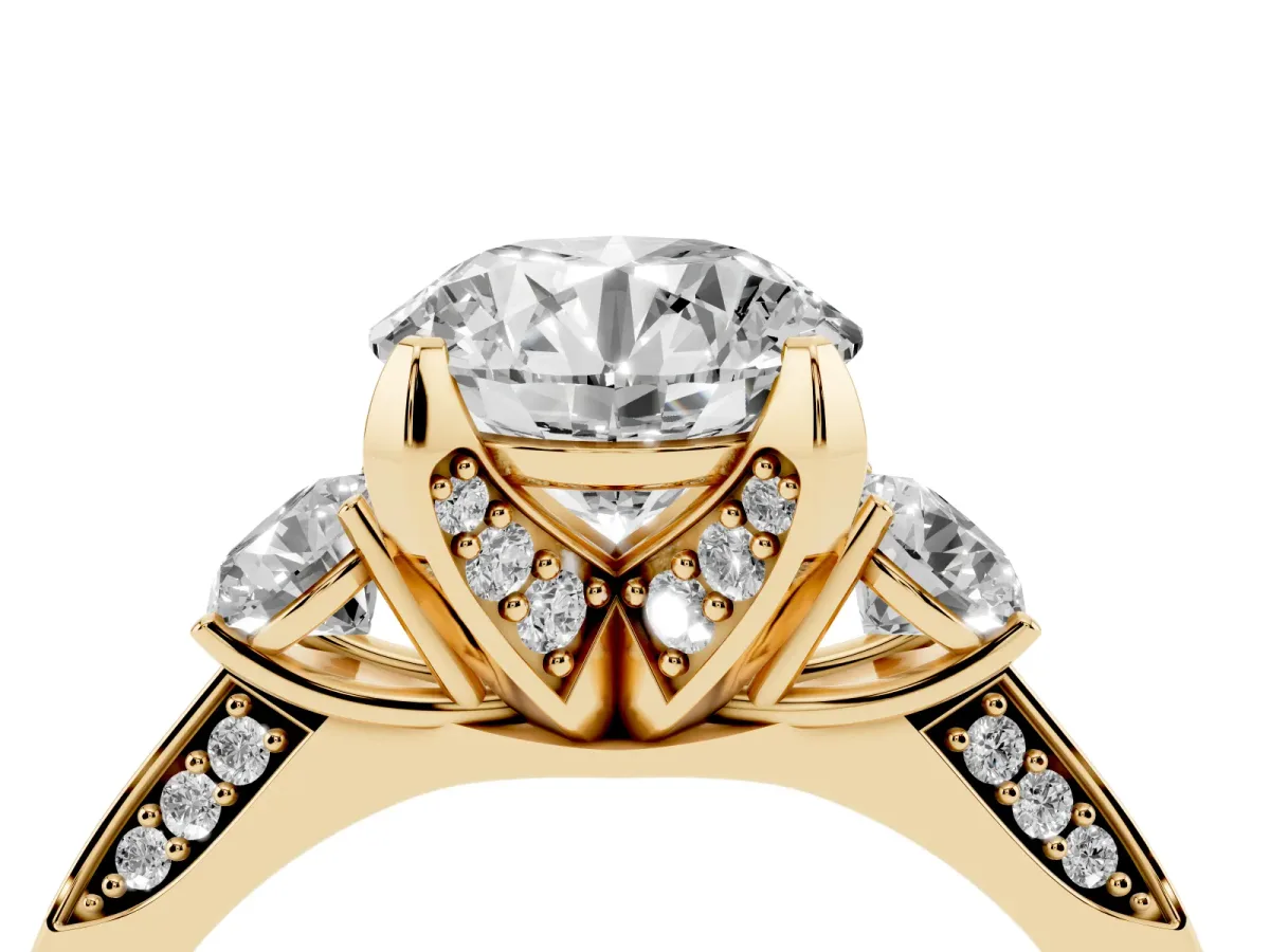 Round Cut Brilliant Three-Stone Diamond Ring with Pavé Band and Four-Prong Setting Yellow gold