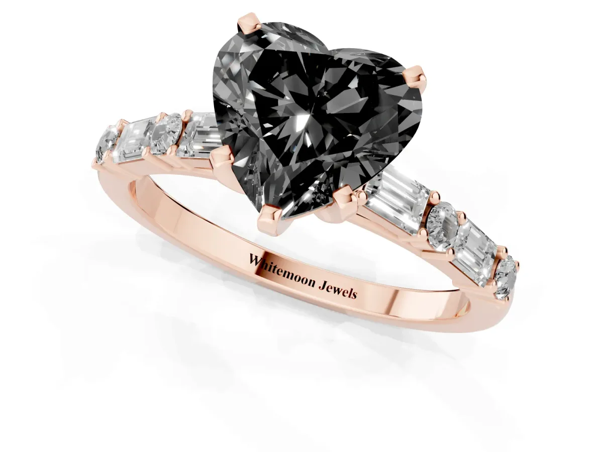Fancy Black Heart Cut Diamond Solitaire with Side Baguettes and Channel Set Band Rose gold