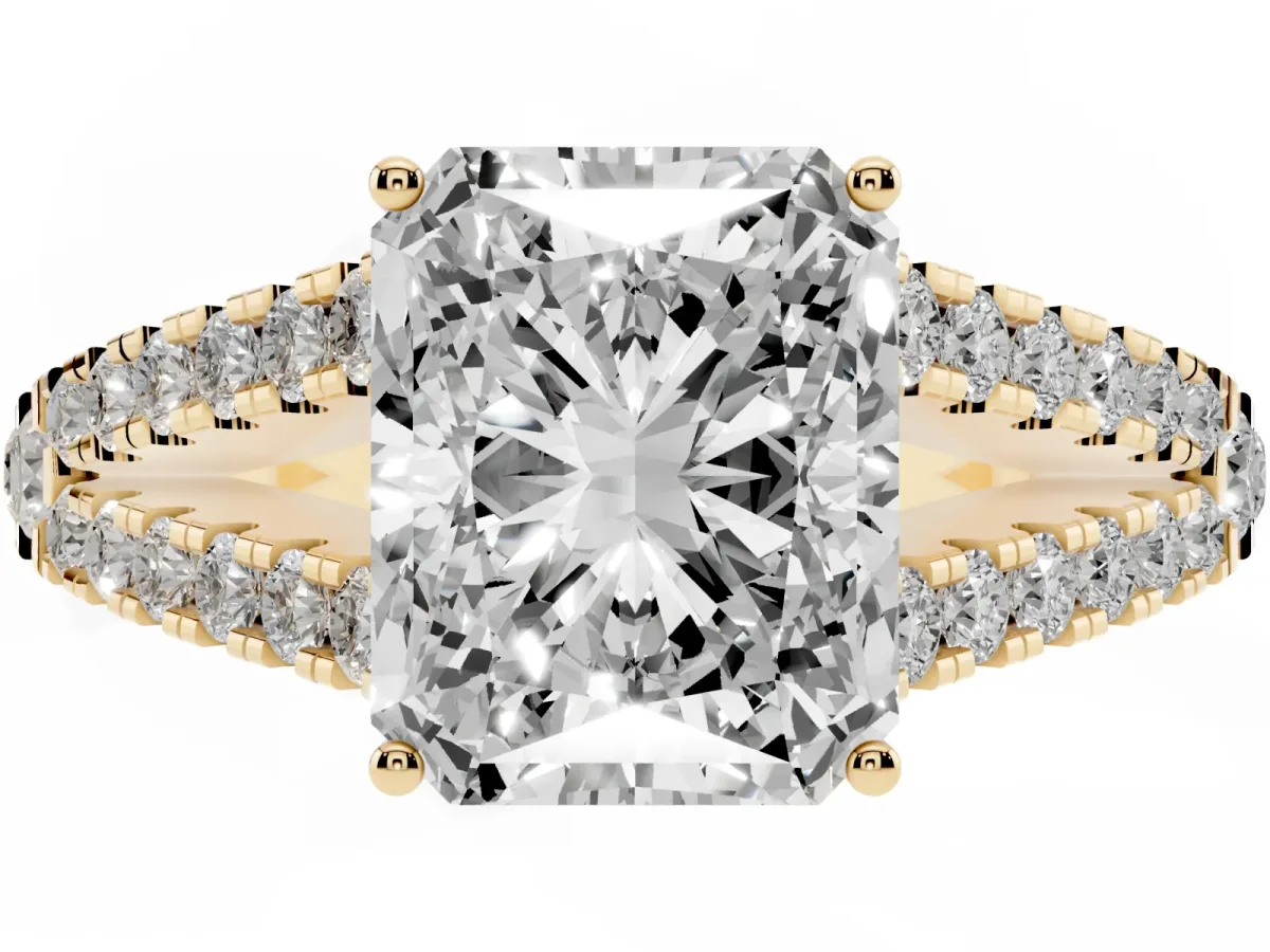 Radiant Cut Diamond Split Shank Pavé Engagement Ring with Four-Prong Setting Yellow gold