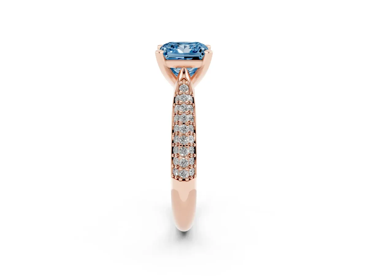 Fancy Blue Princess Cut Diamond Solitaire Engagement Ring with Multi-Row Round Pavé Band and Prong Setting Rose gold