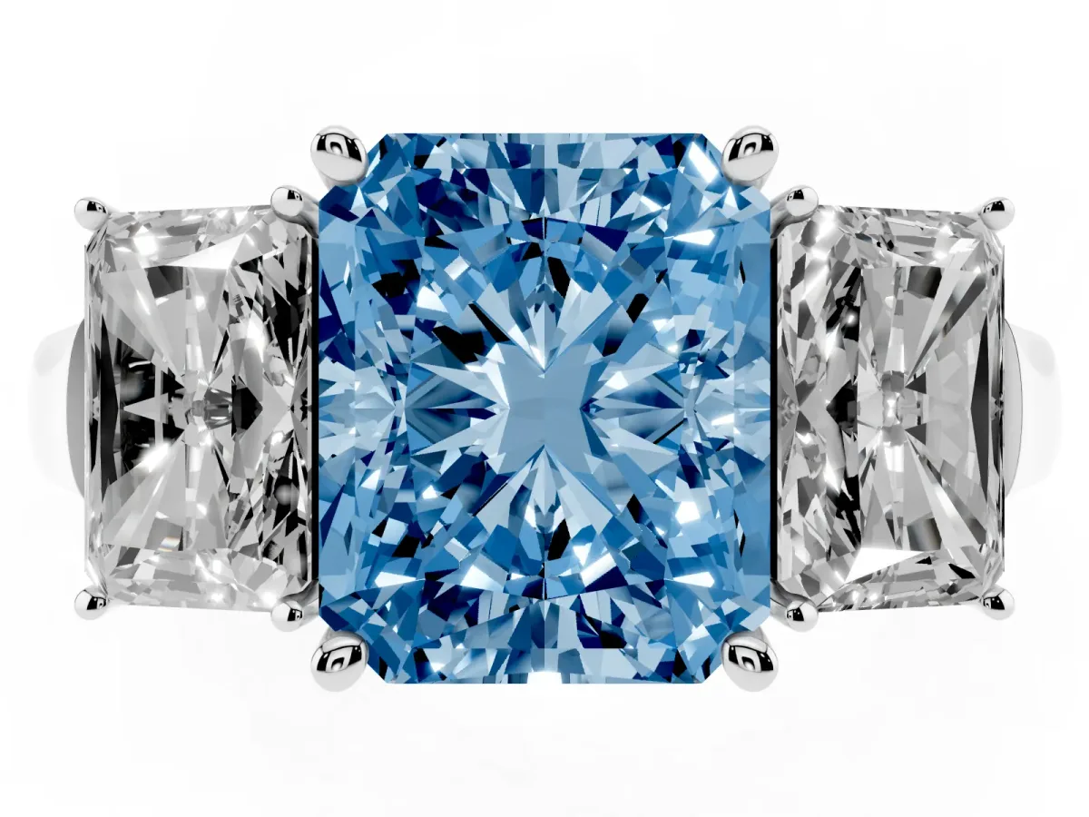 Fancy Blue Three-Stone Radiant Cut Brilliant Diamond Trellis Ring with Comfort Fit Band Platinum