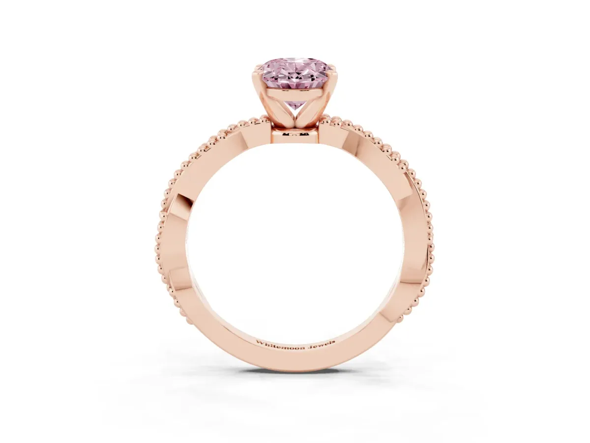 Fancy Pink Oval Cut Solitaire Twisted Band with Bead Prong Setting Rose gold
