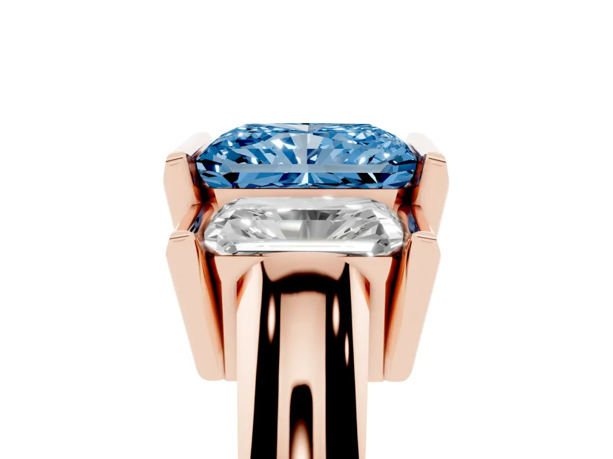 Fancy Blue Three Stone Radiant Cut Cut Channel Set Diamond Ring Rose gold