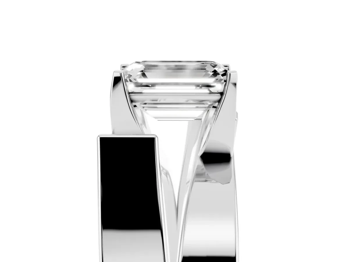 Modern Tension Set Emerald Cut Diamond Solitaire Wide Band Ring Silver
