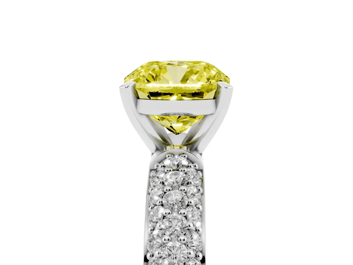 Fancy Yellow Cushion Cut Diamond Solitaire Ring with Prong Setting and Pavé Band Silver