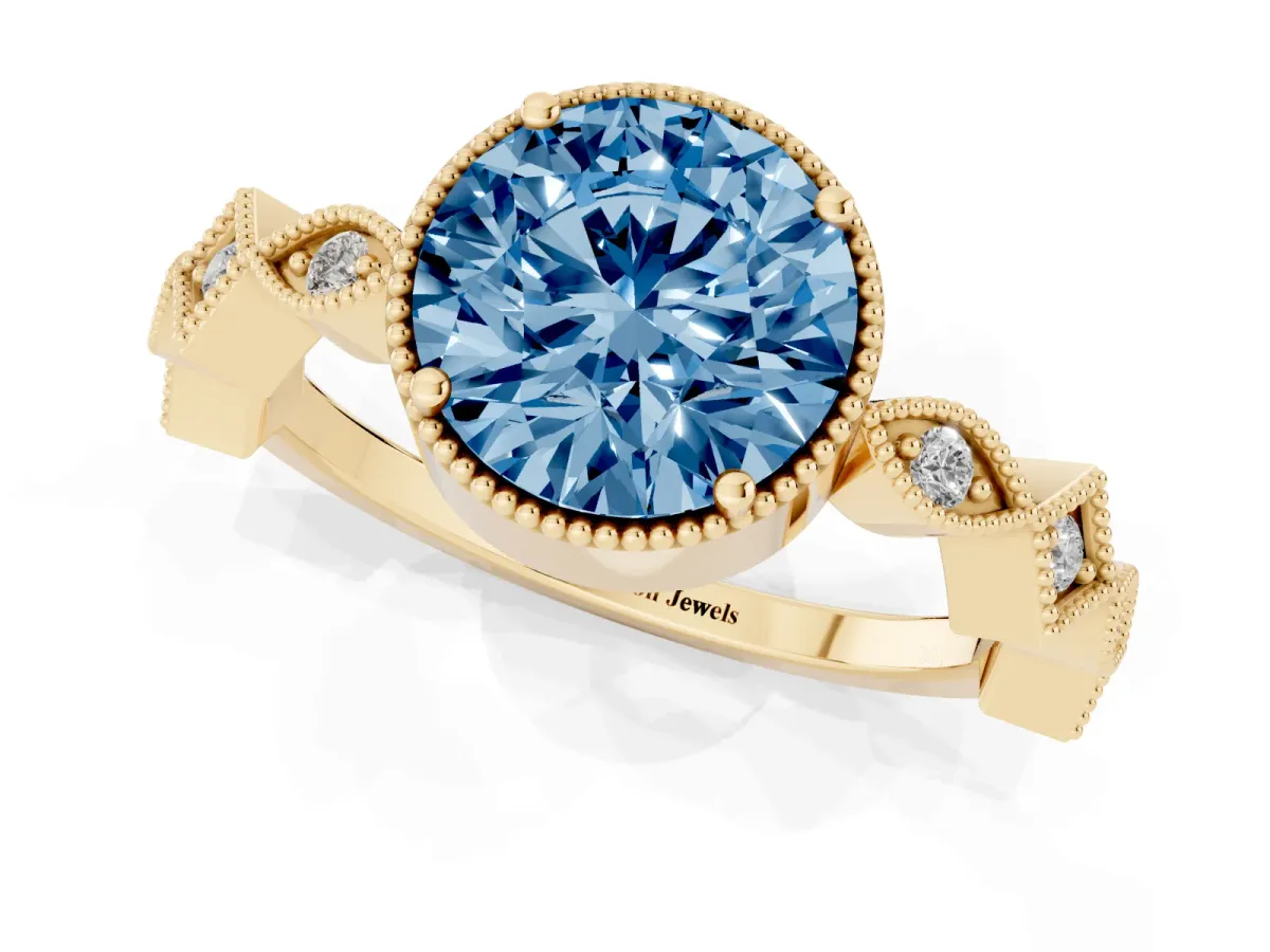 Fancy Blue Round Cut Milgrain Marquise Diamond Twist Band Ring Yellow gold