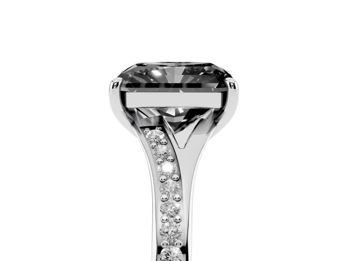 Fancy Black Radiant Cut Diamond Solitaire Ring with Pavé Band and Prong Setting Silver