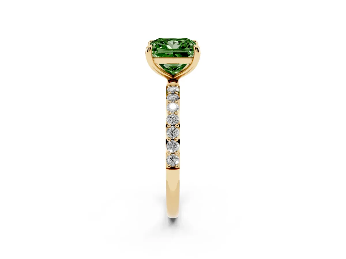Fancy Green Princess Cut Diamond Solitaire Ring with Round Pavé Band and Prong Setting Yellow gold