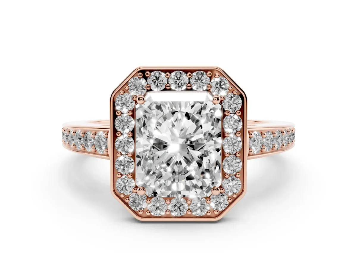 Radiant Cut Halo Pavé Diamond Engagement Ring with Bezel Setting Rose gold