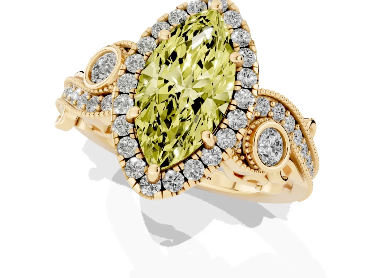 Fancy Yellow Marquise Cut Diamond Halo Ring with Milgrain Pavé Band and Four-Prong Setting Yellow gold