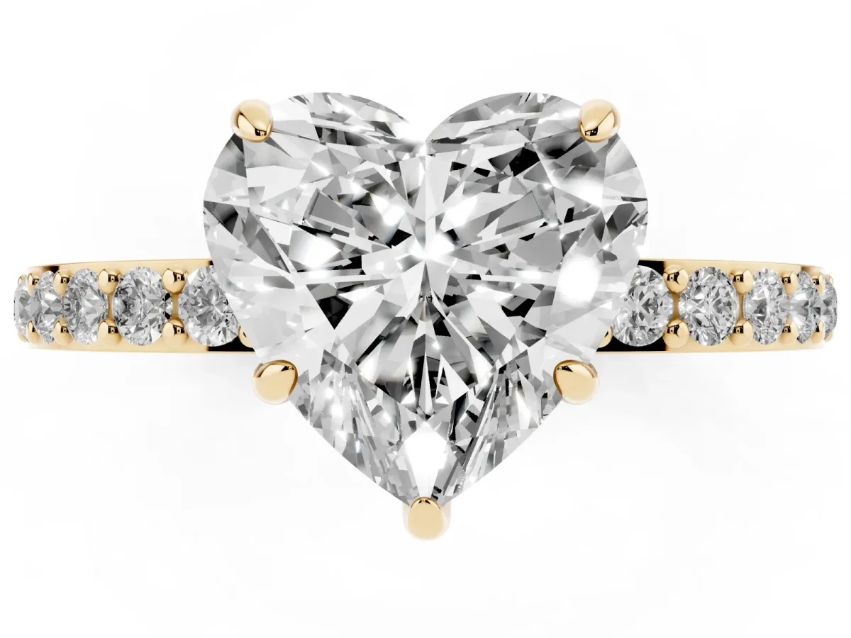 Heart Cut Diamond Pavé Engagement Ring with Round Accents and Prong Setting Yellow gold