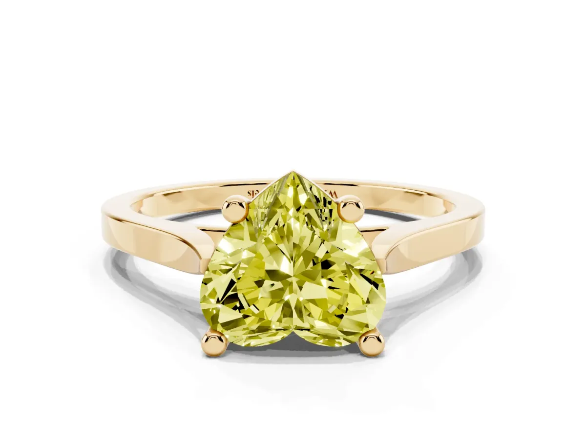 Fancy Yellow Heart Cut Solitaire Diamond Ring with Four-Prong Setting and Tapered Band Yellow gold