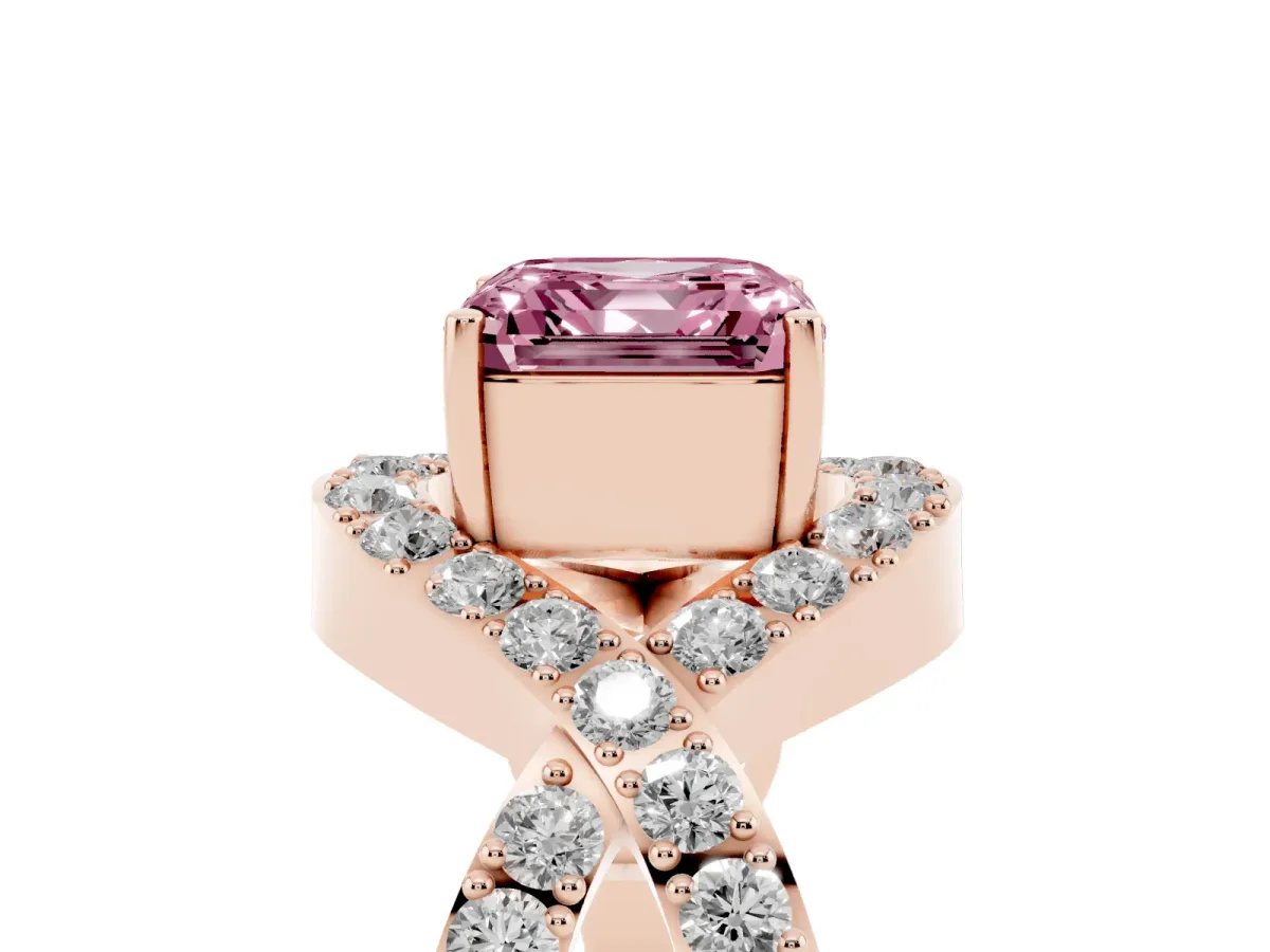 Fancy Pink Asscher Cut Solitaire Twist Band Pavé Diamond Engagement Ring Rose gold