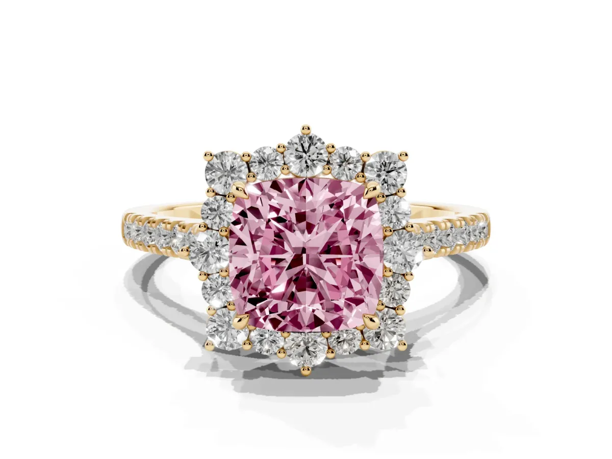 Fancy Pink Cushion Cut Halo Diamond Ring with Pavé Band and Prong Setting Yellow gold