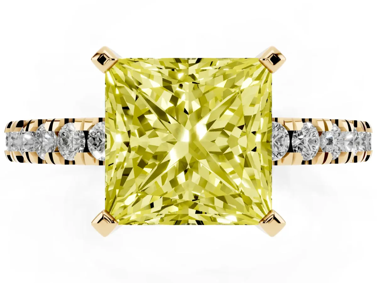 Fancy Yellow Princess Cut Solitaire Diamond with Pavé Band and Four-Prong Setting Yellow gold