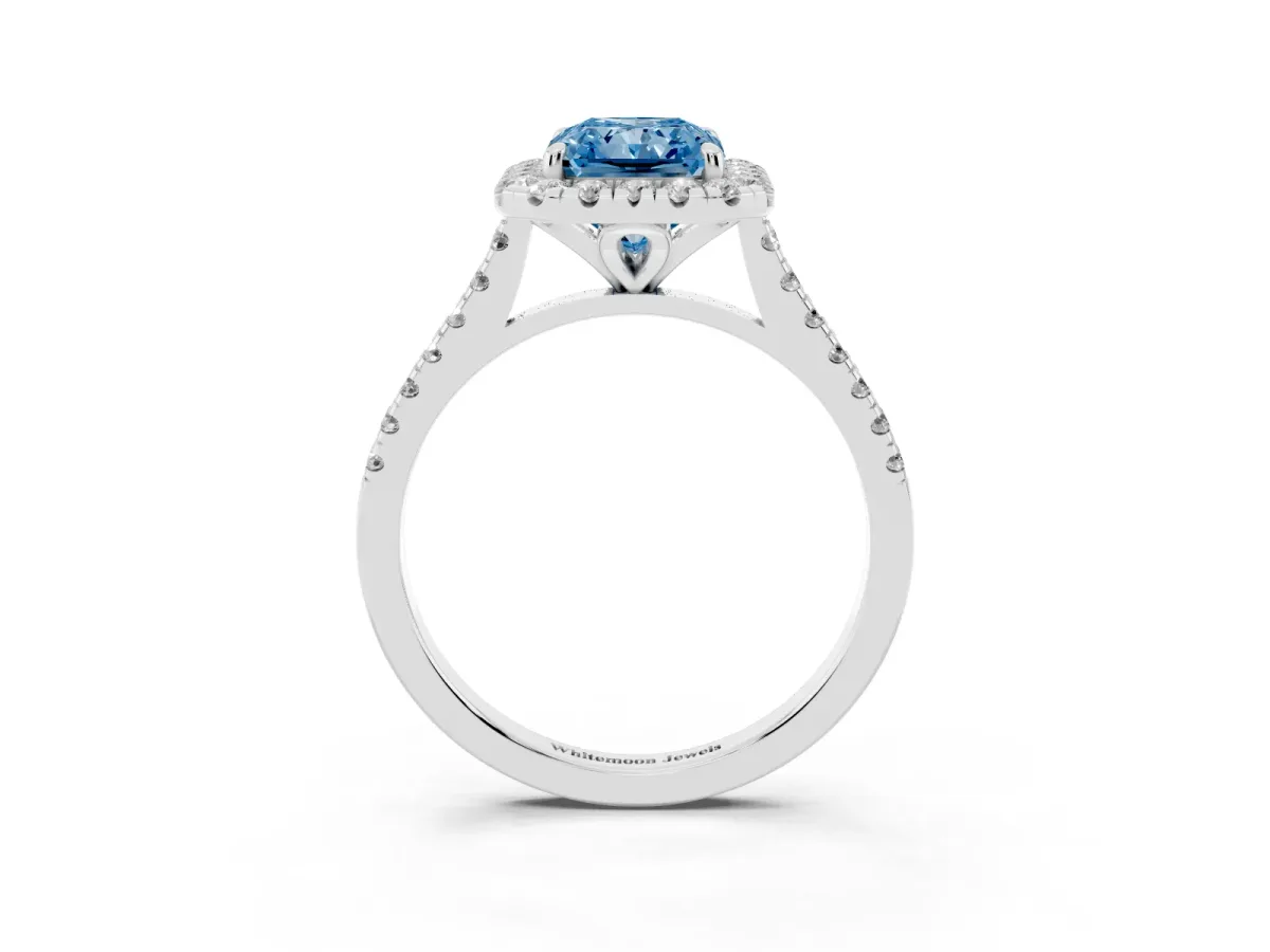 Fancy Blue Radiant Cut Diamond Cushion Halo Ring with Pavé Band Silver