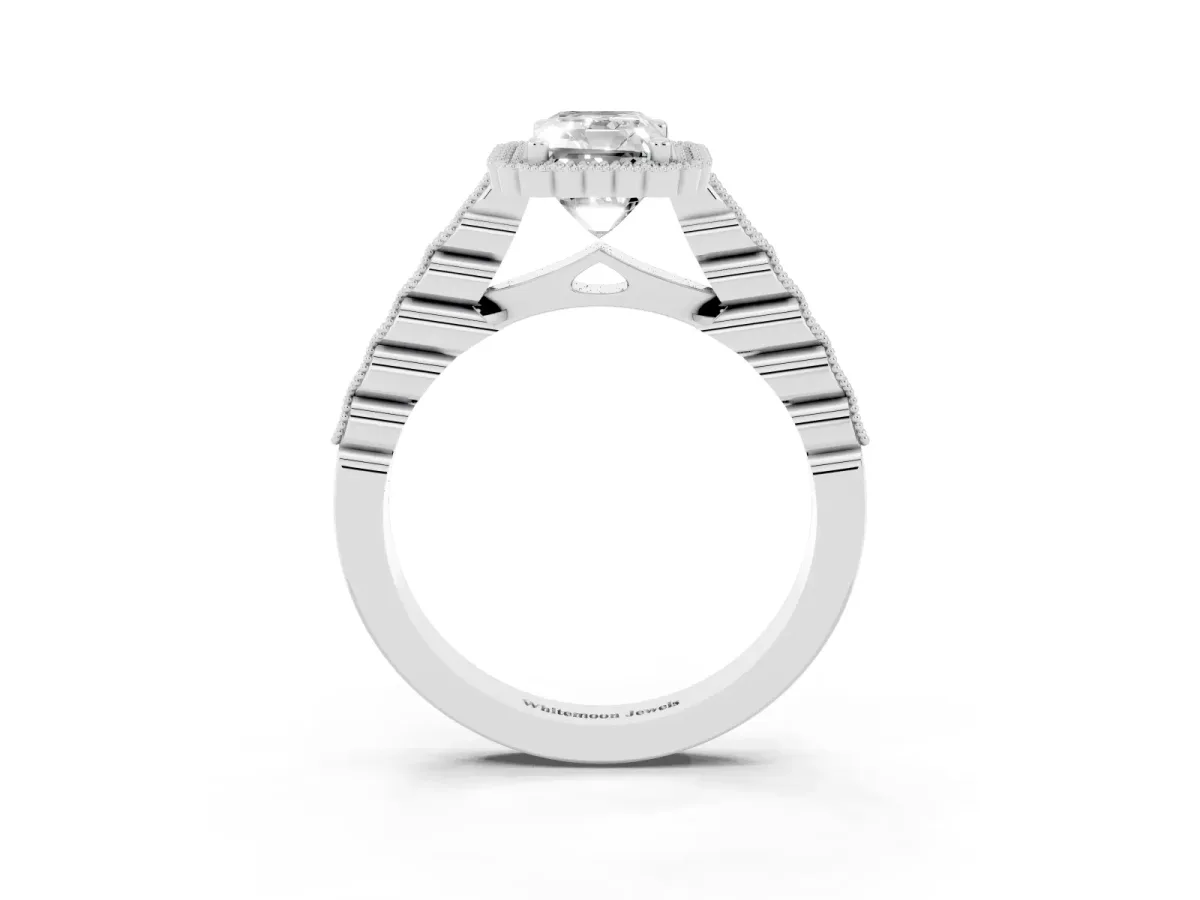 Radiant Cut Cut Halo Pavé Solitaire Ring with Milgrain Band Silver