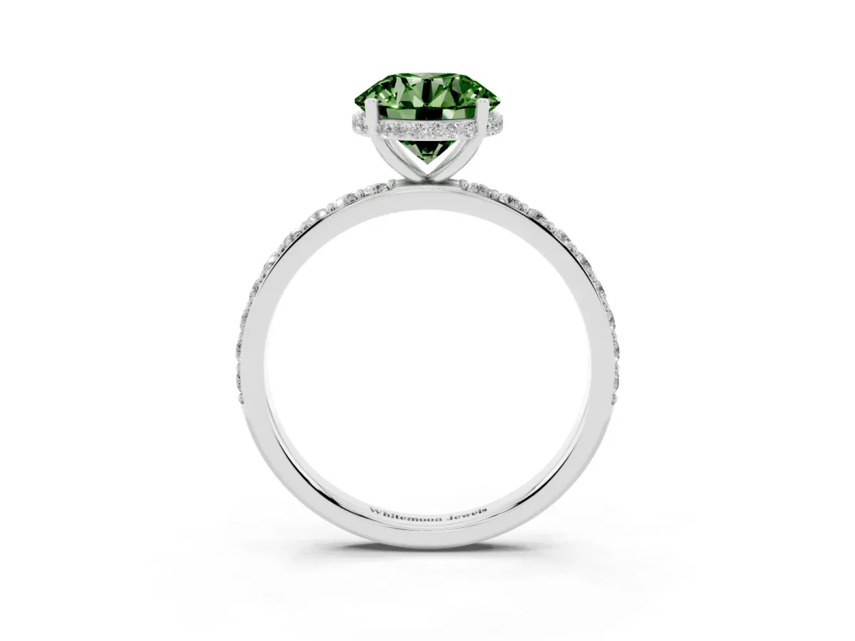Fancy Green Round Cut Diamond Solitaire Ring with Pavé Band and Hidden Halo White gold