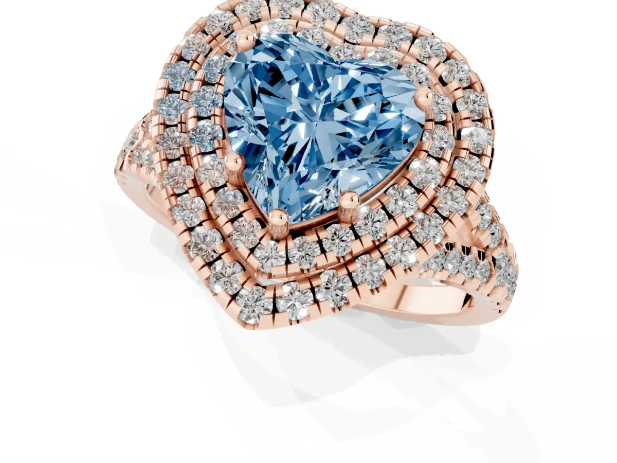 Fancy Blue Double Halo Heart Cut Diamond Pavé Split Shank Ring with Prong Setting Rose gold